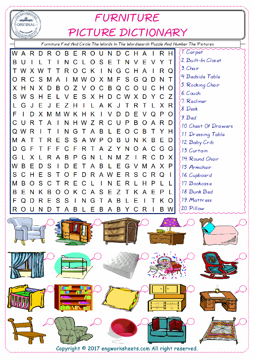  ESL wordsearch worksheets for kids, find Furniture words in the word wordsearch write its number on its picture English worksheet. 